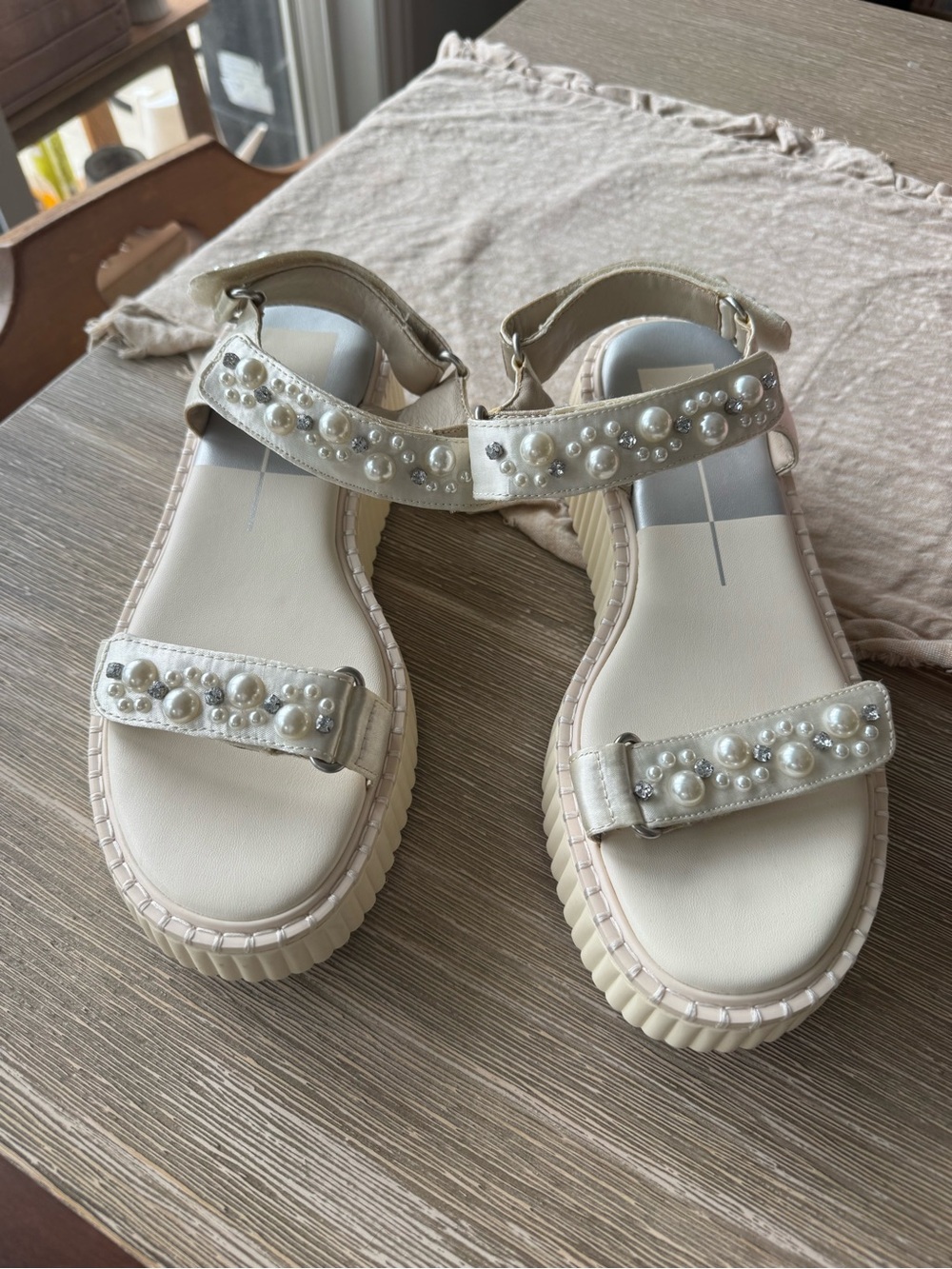 Dolce Vita Cream Pearl-Embellished Platform Sandals